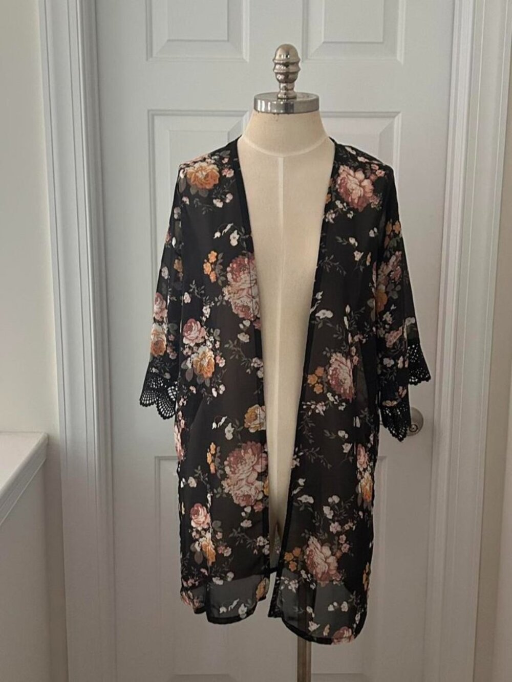 Wallflower black floral kimono with pink, peach, and white flowers